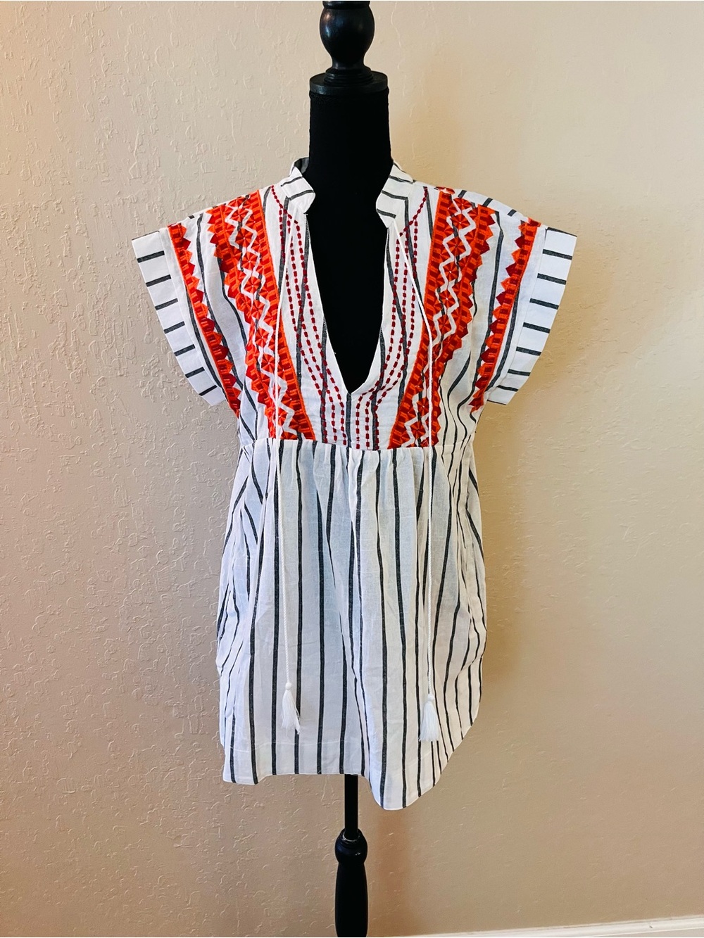 Velzera White Tunic with Red Embroidered‎ Yoke and Black Stripes